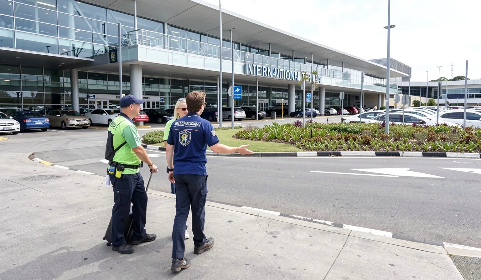 Sydney Airport International Terminal drive with curbside road and planted median in the foreground