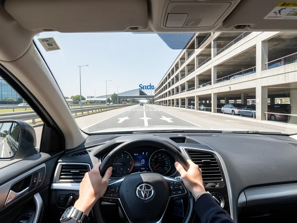 Approach road to Sydney Airport international car parks with directional arrows