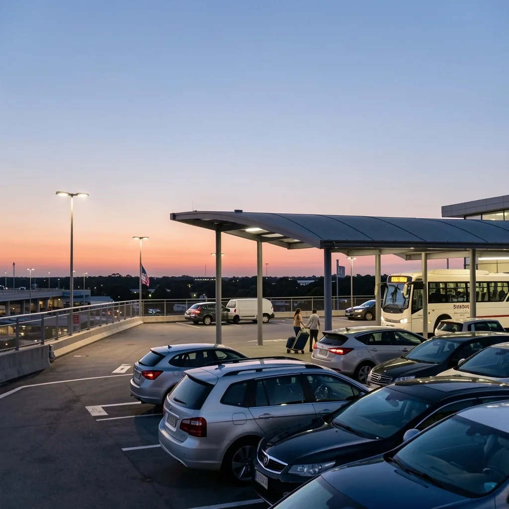 Top level of a long-term car park at Sydney Airport at dusk