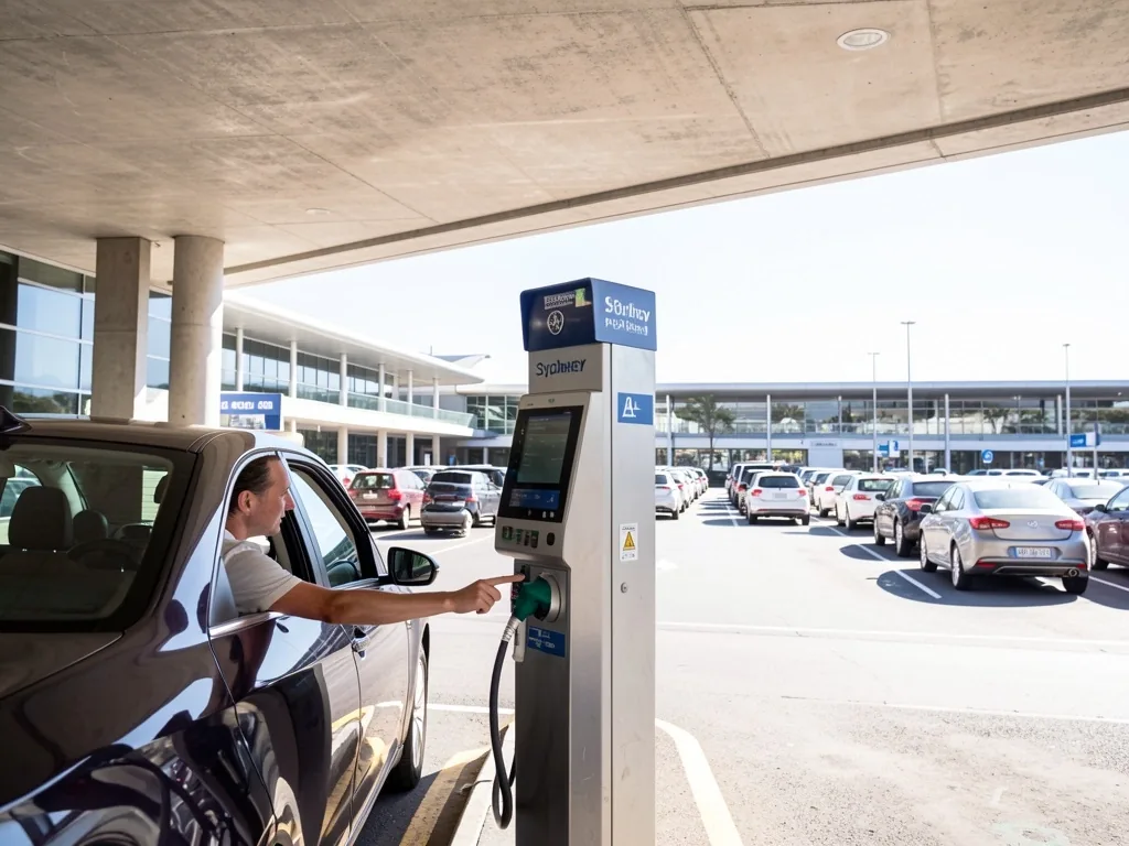 Automated parking boom gate at a Sydney Airport car park entrance in morning light