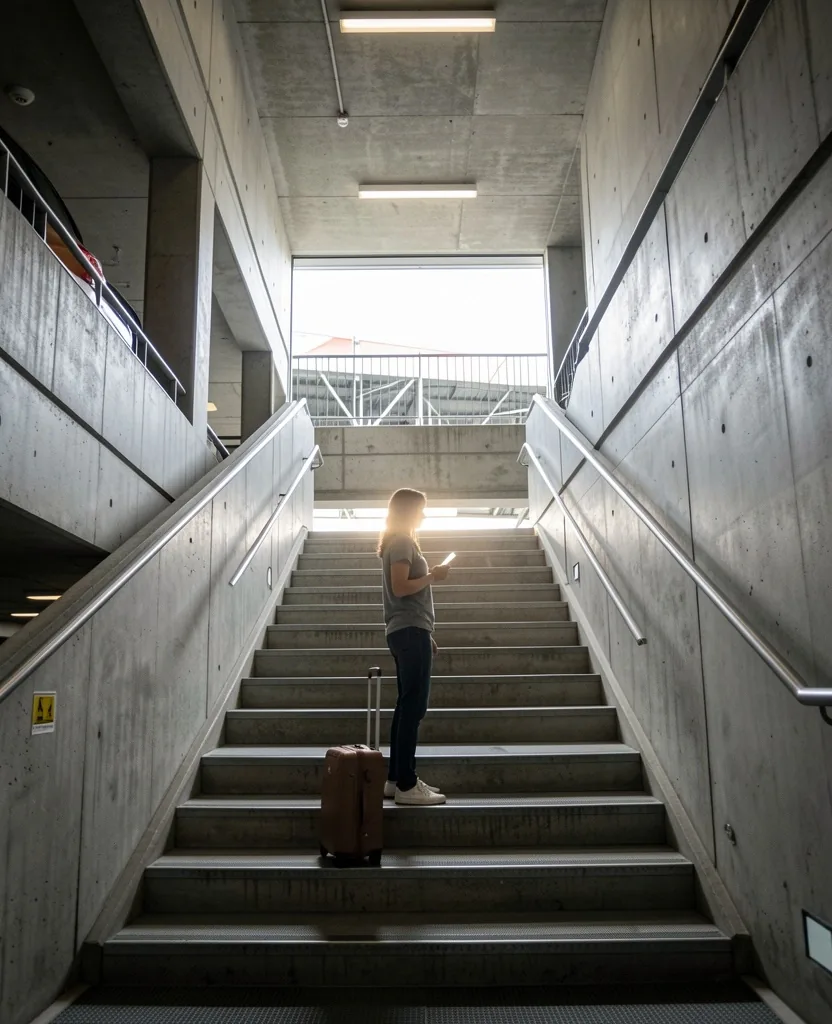 Traveler holding a smartphone with a blurred booking confirmation screen in a car park stairwell